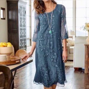 Soft Surroundings Womens PMedium Blue Silk Starling Embroidered Dress Bohemian